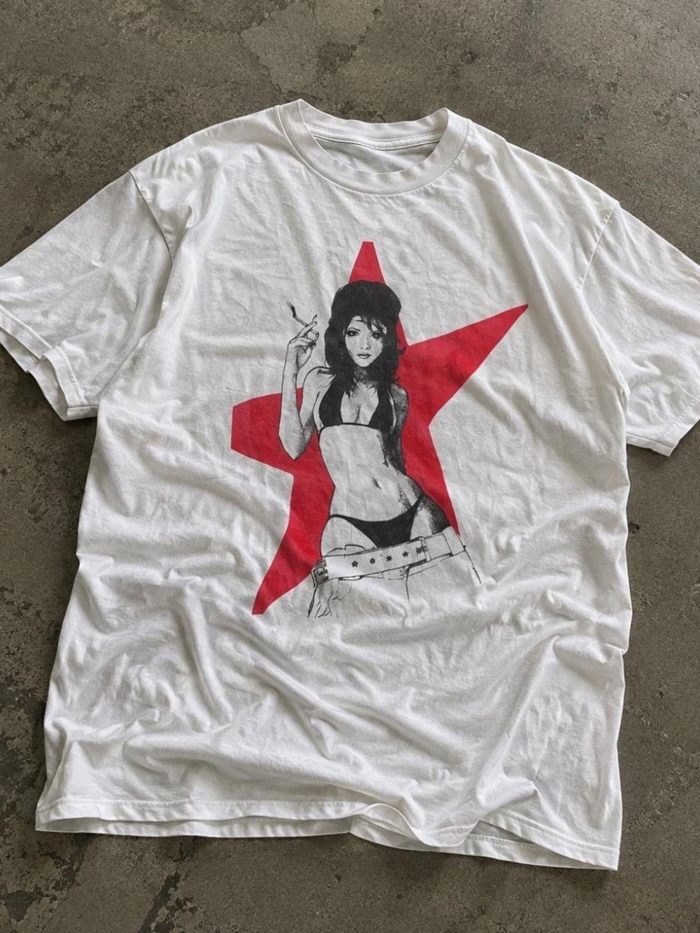 Gildan White Tee with Red Star & Black Pinup Graphic